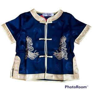 NWT Asian-style Child Shirt + Pants Set, 2-3T, Dark Blue/Yellow w/ Embroidery